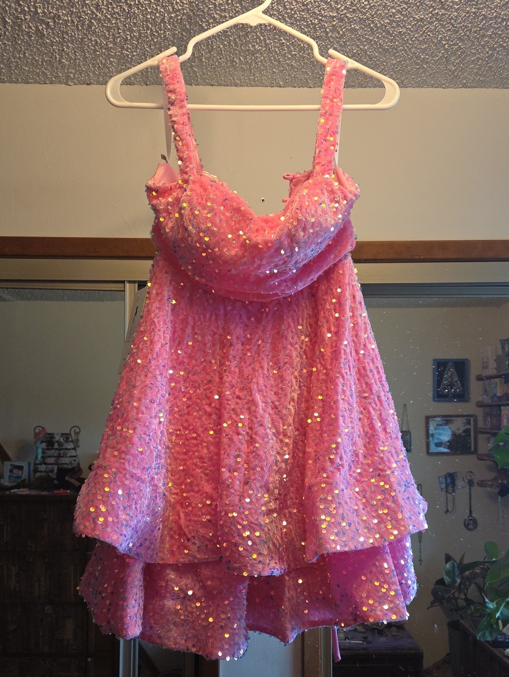 Wear Your Love Pink Sequin Tiered Prom Dress with Spaghetti Straps laceup Back